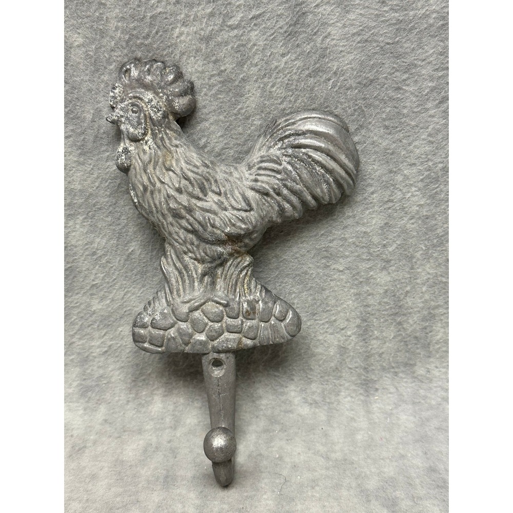 VTG Unbranded Vintage Rooster Wall Hook Home Decor Silver Cast Metal Farmhouse